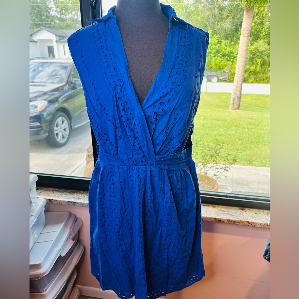 London Times Cynthia Mari Blue Eyelet Lined Mini Dress Size 12